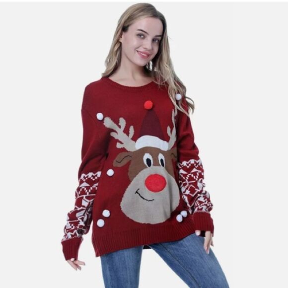 Christmas Sweater Nordic Reindeer Pom Poms Fuzzy Red Nose Thick Unisex Adult 2XL - Picture 14 of 16